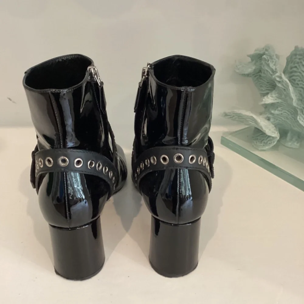 MIU MIU Eyelet Embellished Patent Leather Ankle Boots Black Size 37.5 7